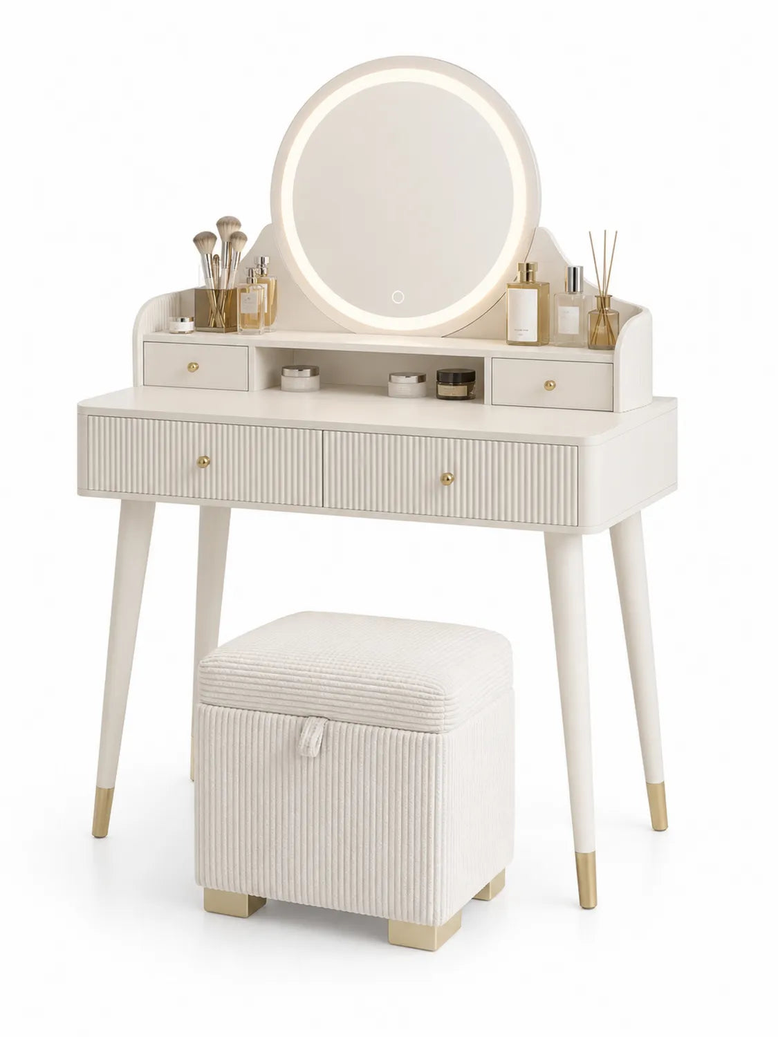 Coiffeuse en bois avec miroir éclairé et tabouret en tissu côtelé
