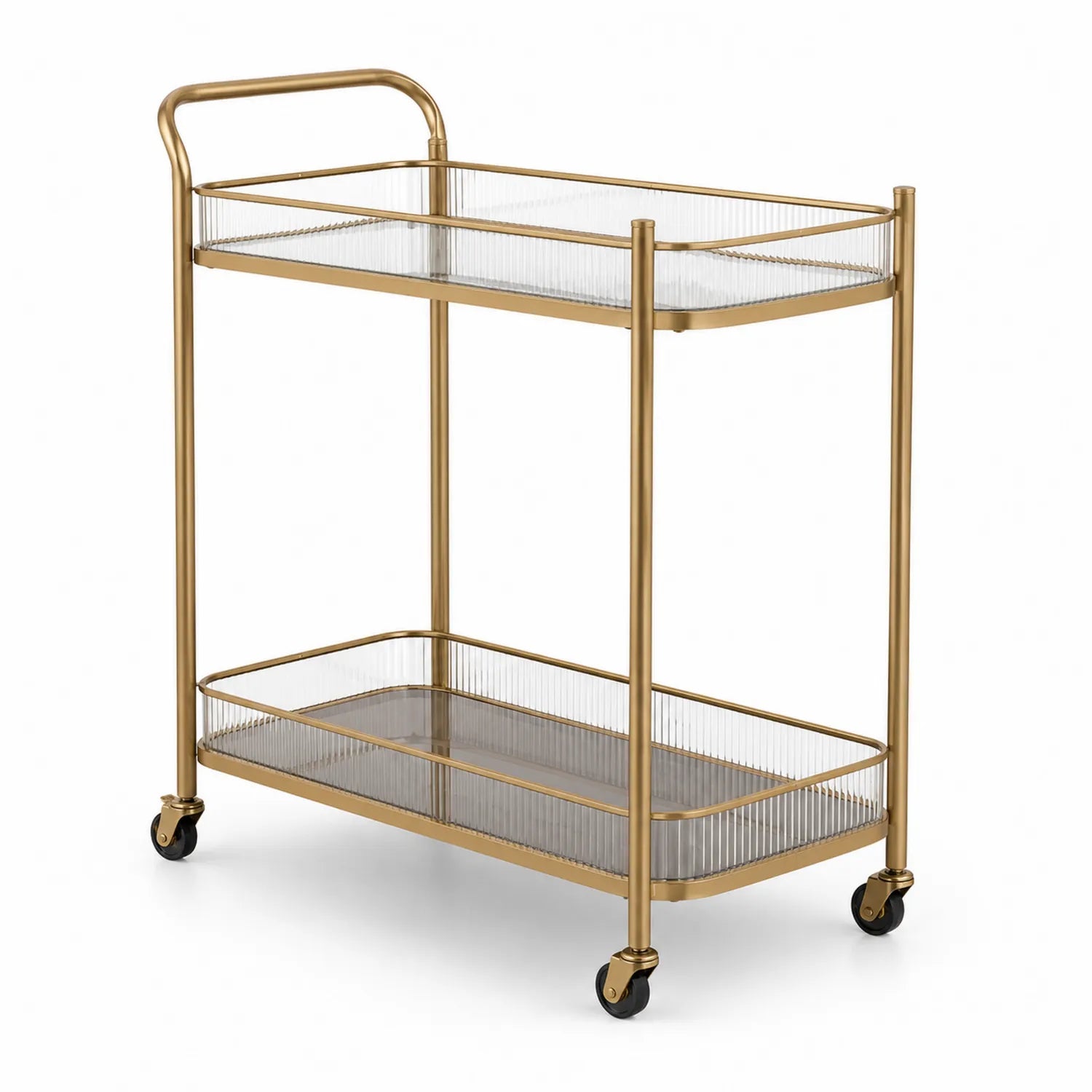 Chariot de bar en métal doré avec étagères en verre cannelé