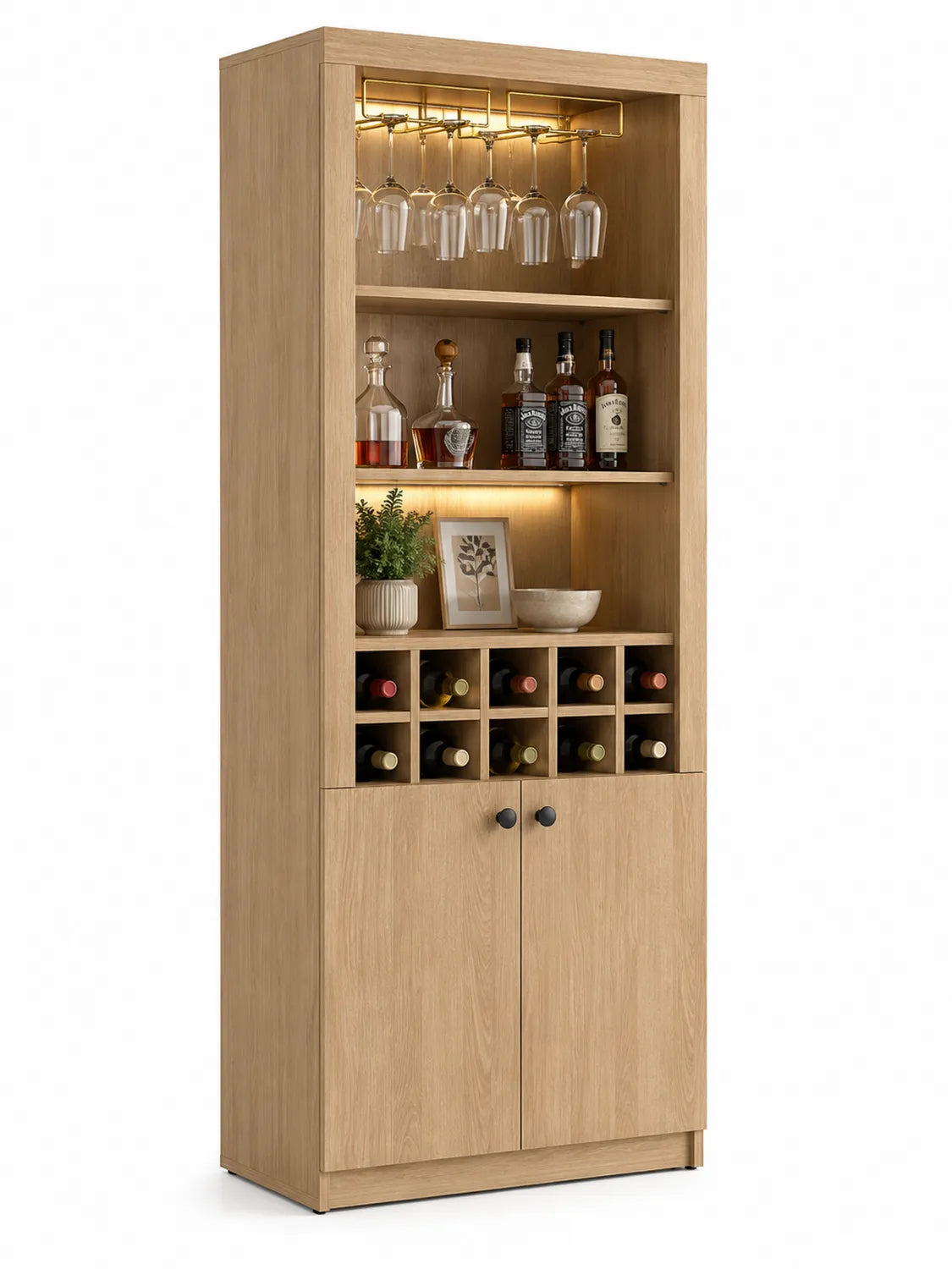 Buffet en bois clair avec étagères et porte-bouteilles intégrés 180x80x40cm