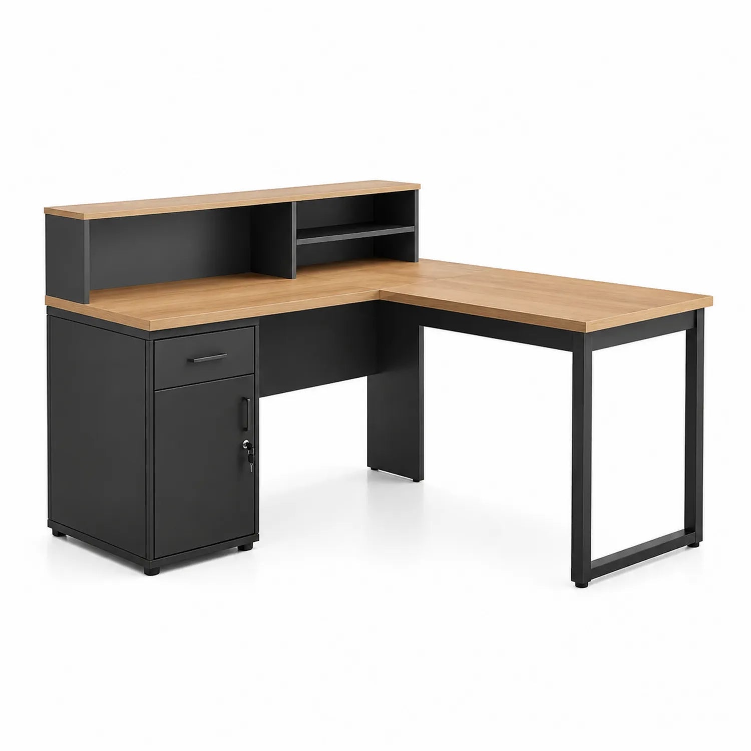 Bureau d'angle en bois et métal avec étagères et caisson Noir Chêne