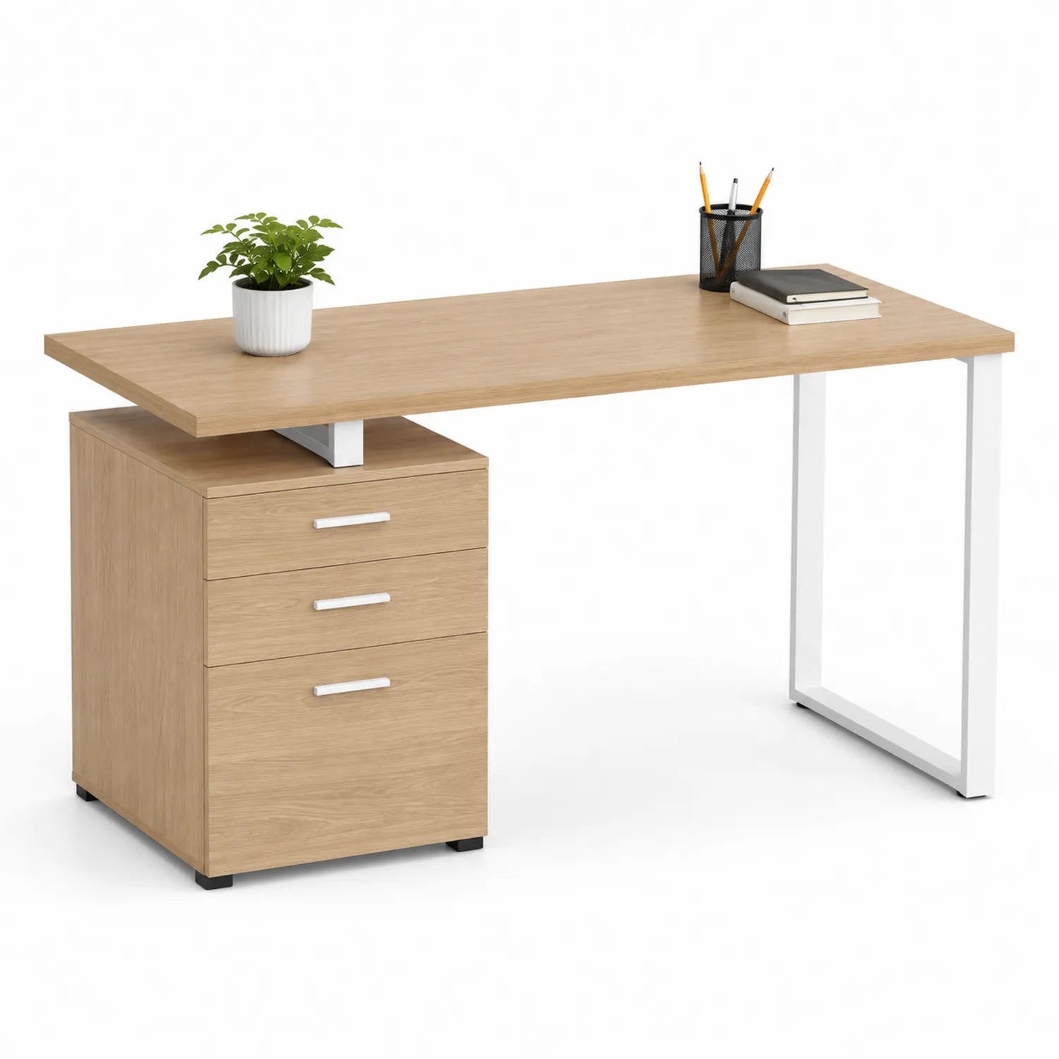Bureau en bois avec tiroirs, pieds en métal blanc, 150x60x75 cm