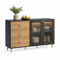 Buffet en bois MDF noir et chêne avec portes vitrées en verre cannelé