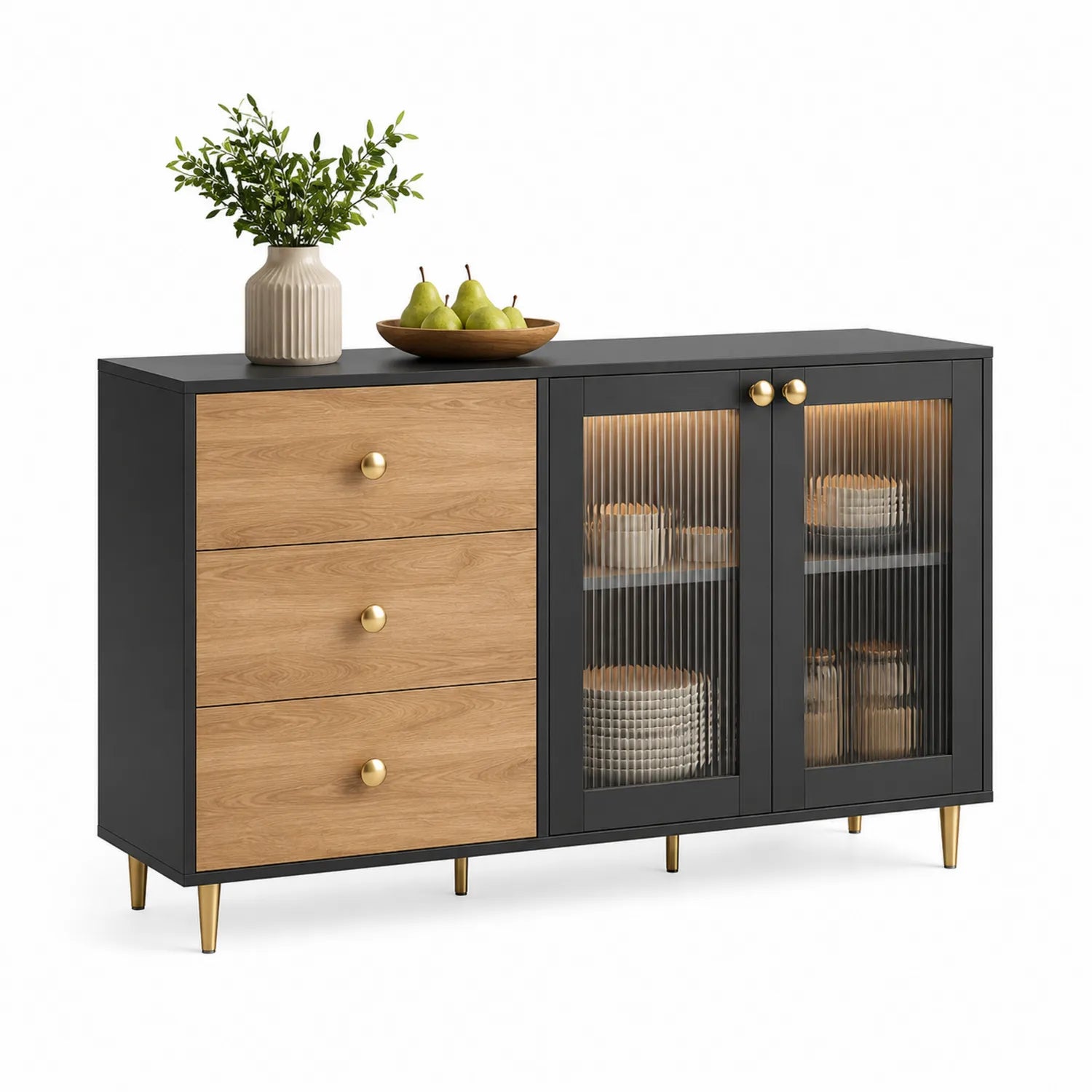 Buffet en bois MDF noir et chêne avec portes vitrées en verre cannelé