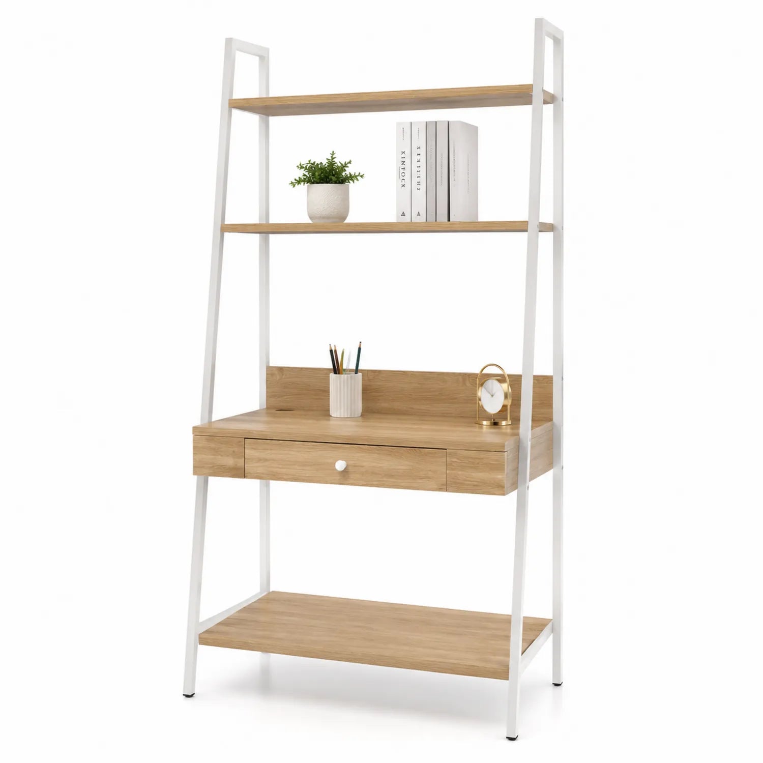 Bureau Étagère en Bois et Métal Blanc 145x85x50 cm