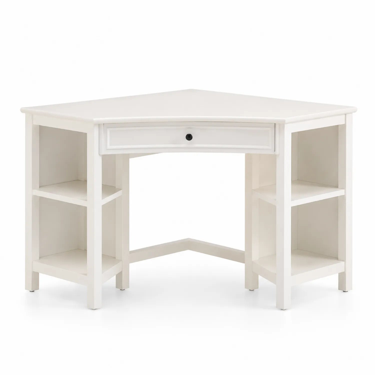 Bureau d'angle avec tiroir et étagères en bois blanc