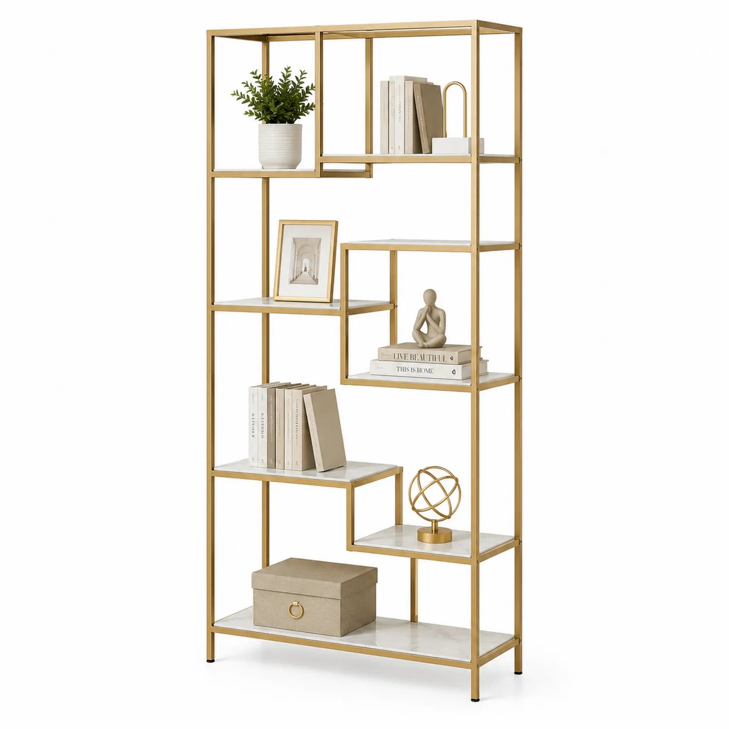 Étagère en métal et MDF or et blanc 180x90x30 cm