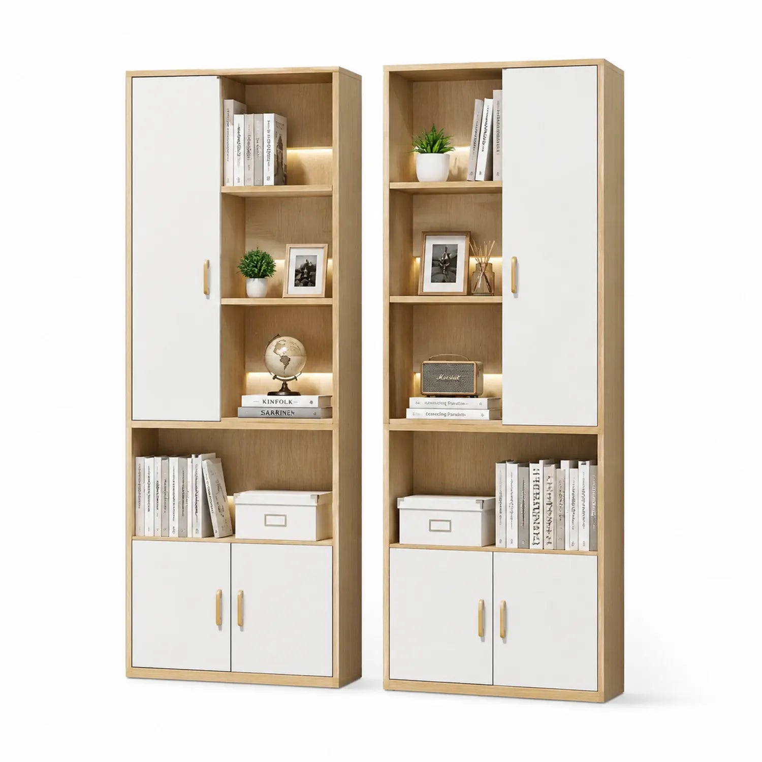 Bibliothèque en Bois avec Portes Blanches et Éclairage LED