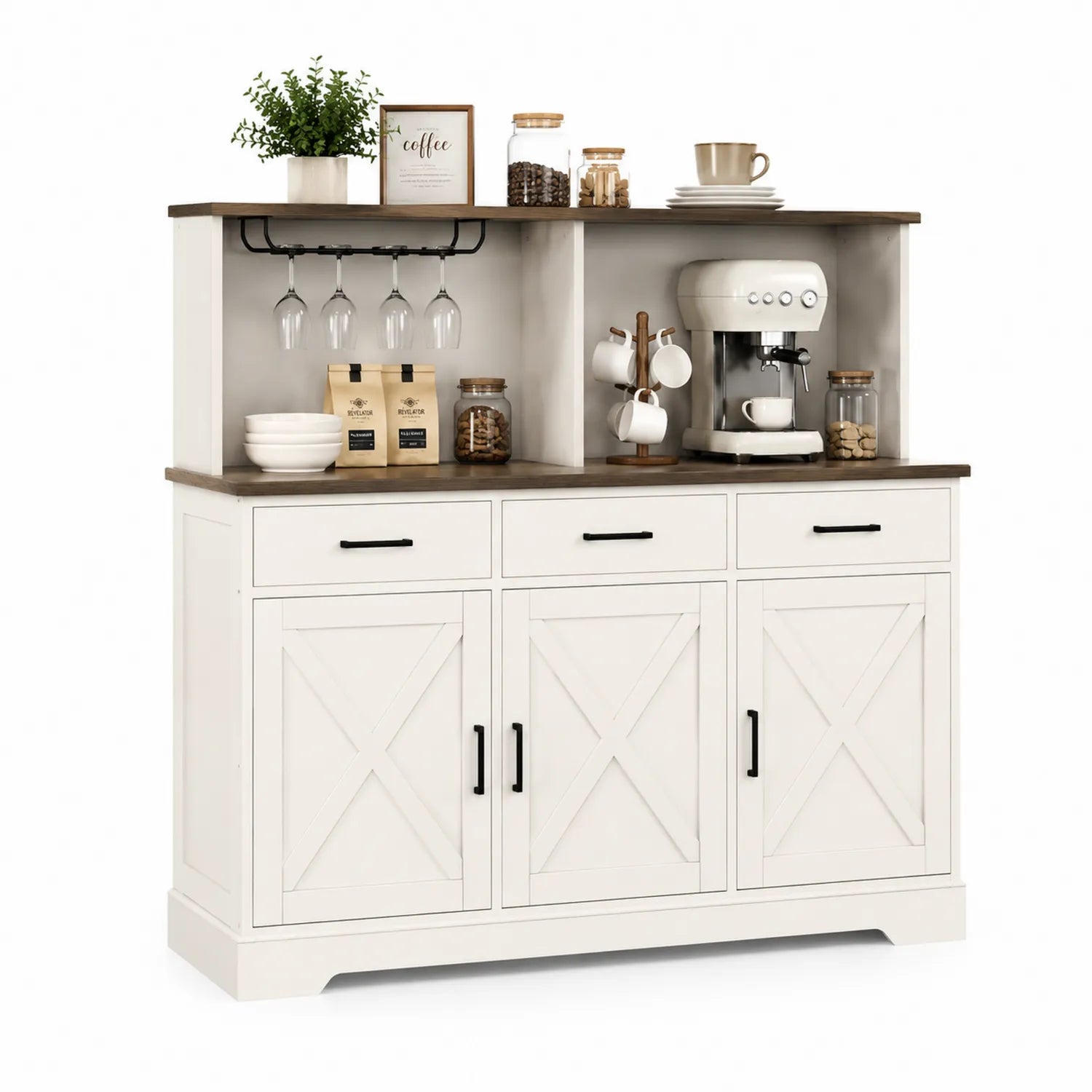 Buffet de cuisine en bois blanc avec plateau en MDF, 3 portes et 3 tiroirs