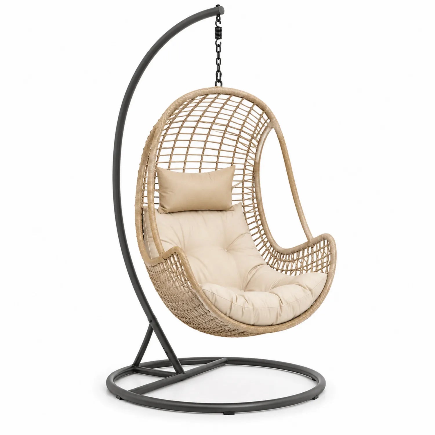Chaise suspendue en rotin avec coussin beige et support en acier