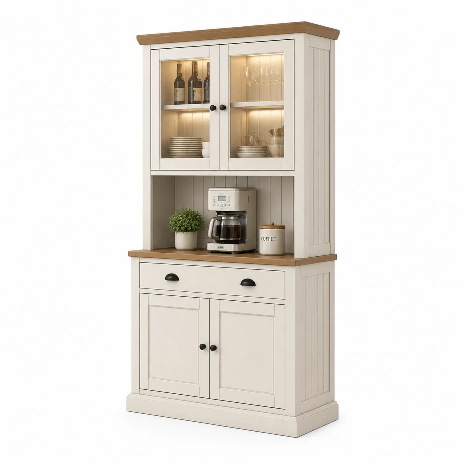 Buffet vaisselier en bois Crème et Chêne avec LED 200x90x40 cm